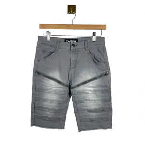 Carbon Men’s Distressed Denim Zip Bermuda Shorts in Grey Size 28